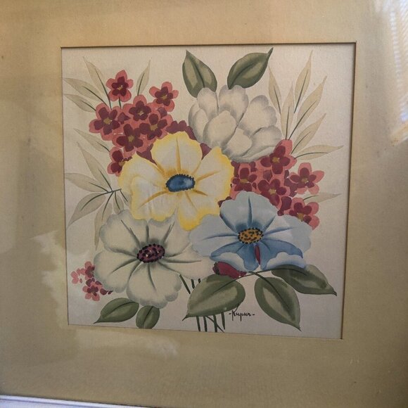 Kupur water colors of white, yellow, blue & red flowers in cream frames $60 each - Picture 3 of 9